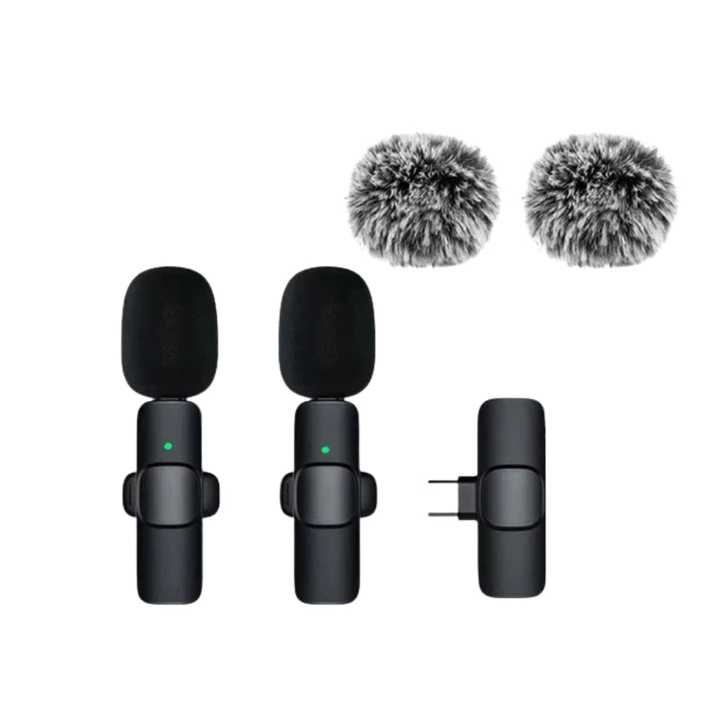 wireless microphone connected to a smartphone with USB C receiver
small lavalier microphone held beside a phone for recording
plug and play wireless microphone set with transmitter and receiver
portable microphones for phone video recording and live streaming
wireless lavalier mic shown with smartphone connection steps