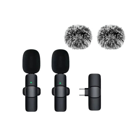 wireless microphone connected to a smartphone with USB C receiver
small lavalier microphone held beside a phone for recording
plug and play wireless microphone set with transmitter and receiver
portable microphones for phone video recording and live streaming
wireless lavalier mic shown with smartphone connection steps
