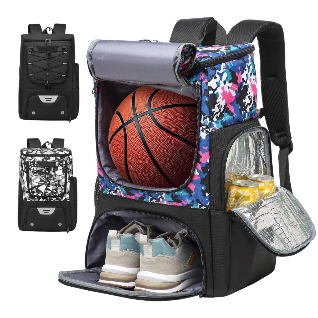 black basketball backpack with shoe compartment and front zipper pockets
sports backpack shown with basketball gear, shoes, water bottle, and accessories
black basketball bag with padded straps and multiple storage compartments
large sports backpack with ventilation panel and front organizer pocket
basketball backpack displayed beside jerseys, ball, shoes, and training items