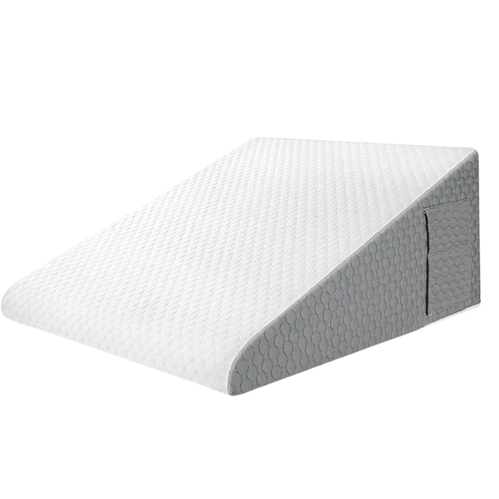 Wedge pillow for sleeping with breathable foam top, gray and white design
Elevated bed wedge pillow for head and back support, ideal for acid reflux
Portable wedge pillow with 2 pockets for remote control and glasses storage
Comfortable foam wedge pillow for post-surgery recovery, leg elevation
Memory foam wedge pillow for sleeping, gray and white cover, ergonomic design