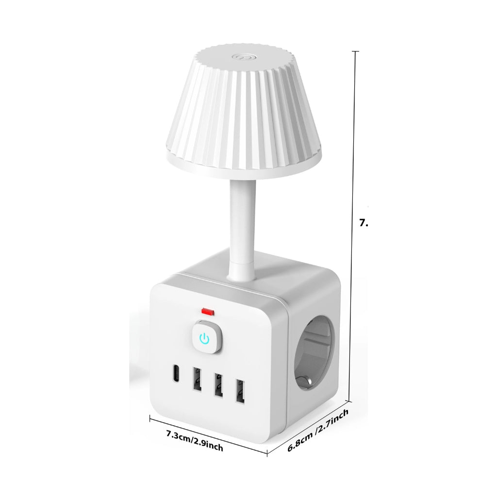 power strip with desk lamp plugged into a wall outlet beside a bed
power strips and surge protectors with USB ports charging phone and tablet
white surge protector power strip with built in bedside lamp
8 in 1 power strip with three outlets USB ports and desk lamp
compact power strip shown on a nightstand with warm lamp light