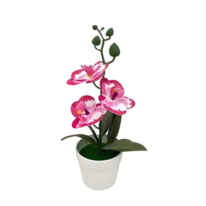 artificial plant orchid with pink and white flowers in a white pot
faux orchid tabletop decor with green leaves and striped petals
artificial orchid flowers arrangement in white planter for indoor decor
potted artificial plant with orchid blooms for home or office display