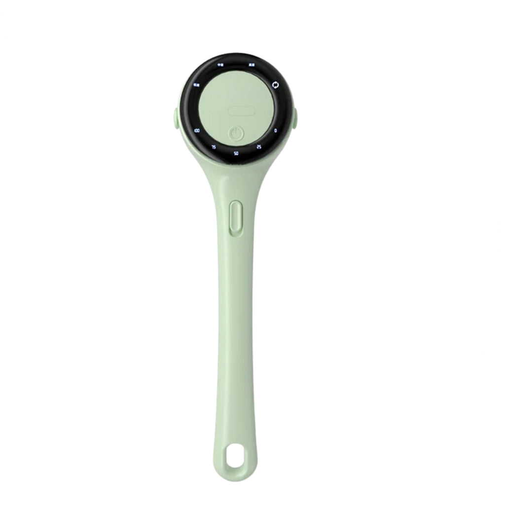 electric shower brush for back with long handle and brush heads
white rechargeable body scrubber for shower with multiple attachments
long handled bath brush shown with sponge and circular brush head
electric bath brush with digital display and interchangeable heads
waterproof shower brush for back displayed with five brush options