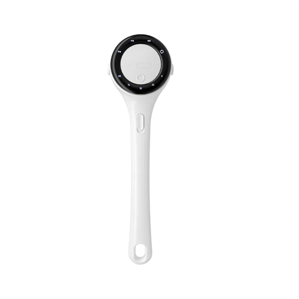 electric shower brush for back with long handle and brush heads
white rechargeable body scrubber for shower with multiple attachments
long handled bath brush shown with sponge and circular brush head
electric bath brush with digital display and interchangeable heads
waterproof shower brush for back displayed with five brush options