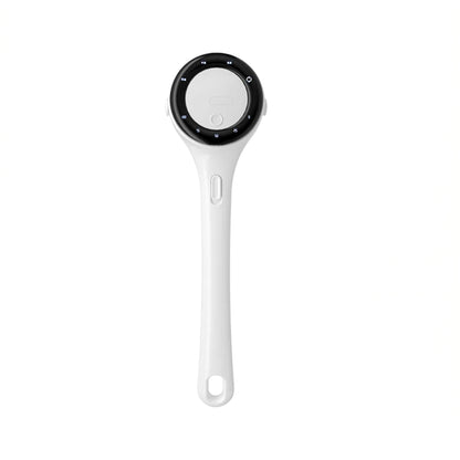 electric shower brush for back with long handle and brush heads
white rechargeable body scrubber for shower with multiple attachments
long handled bath brush shown with sponge and circular brush head
electric bath brush with digital display and interchangeable heads
waterproof shower brush for back displayed with five brush options