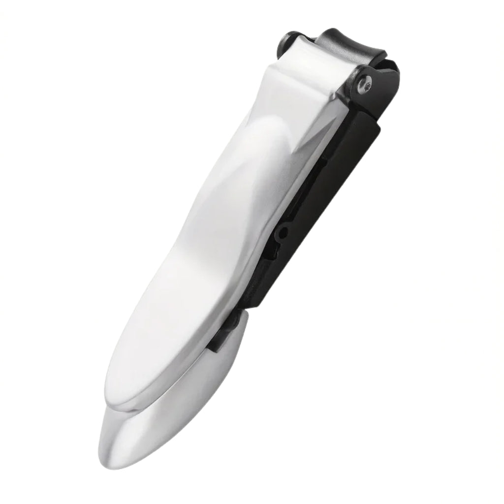 black stainless steel nail clippers with built in catcher
heavy duty nail clippers shown on a dark green background
men’s nail clippers with ergonomic lever and glossy finish
stainless steel fingernail clippers for personal grooming
close up of black nail clippers with self collecting design