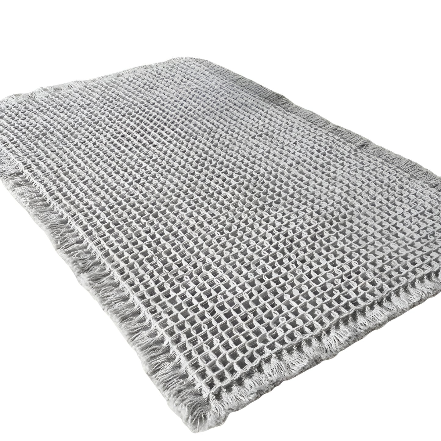 beige Bath Rugs & Mats with woven texture placed beside a shower
gray bathroom rug with raised waffle pattern and fringed edges
microfiber bath mat on bathroom floor with foot stepping on it
textured bathroom mats shown in beige and gray color options