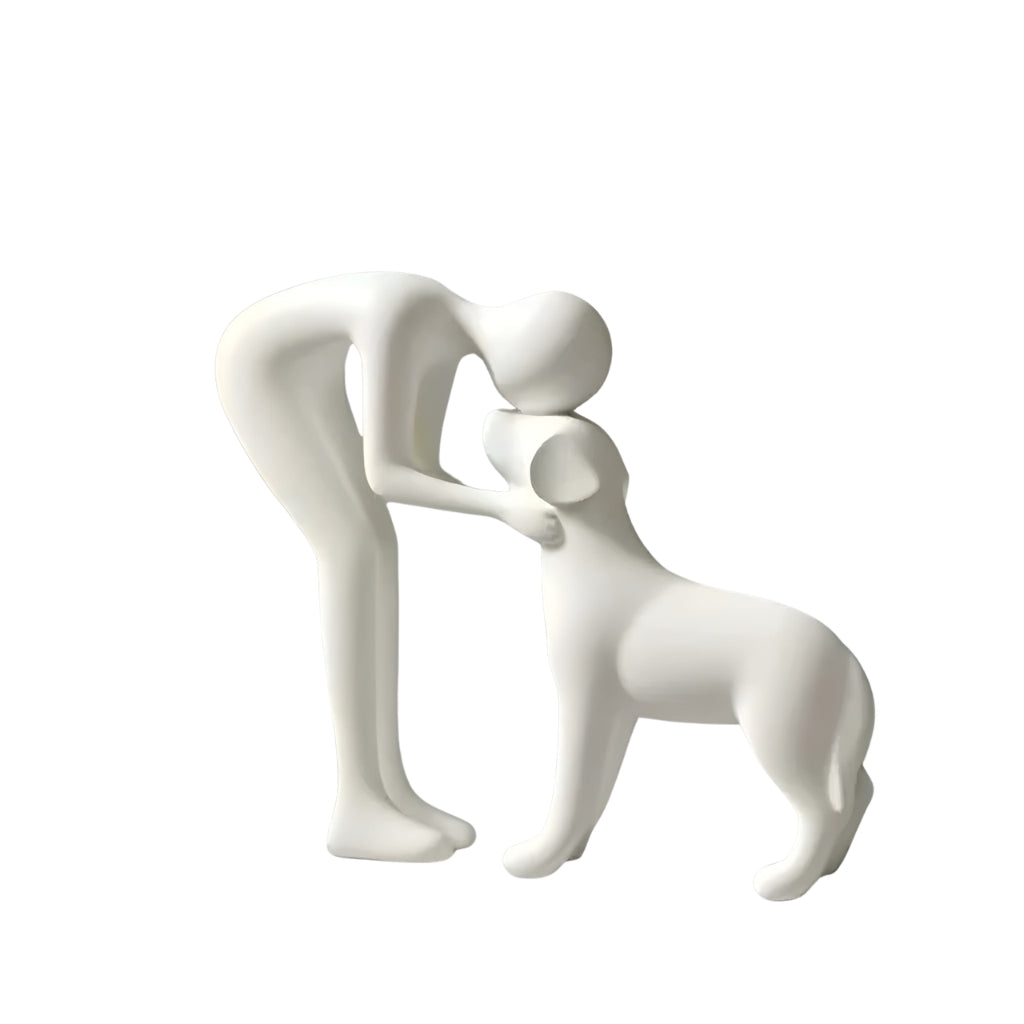 minimalist dog figurine showing a person touching a dog in abstract style
abstract dog figurine sculpture for home decor on a tabletop
white minimalist dog owner statue with human and pet design
modern figurines decor featuring a person and dog interaction