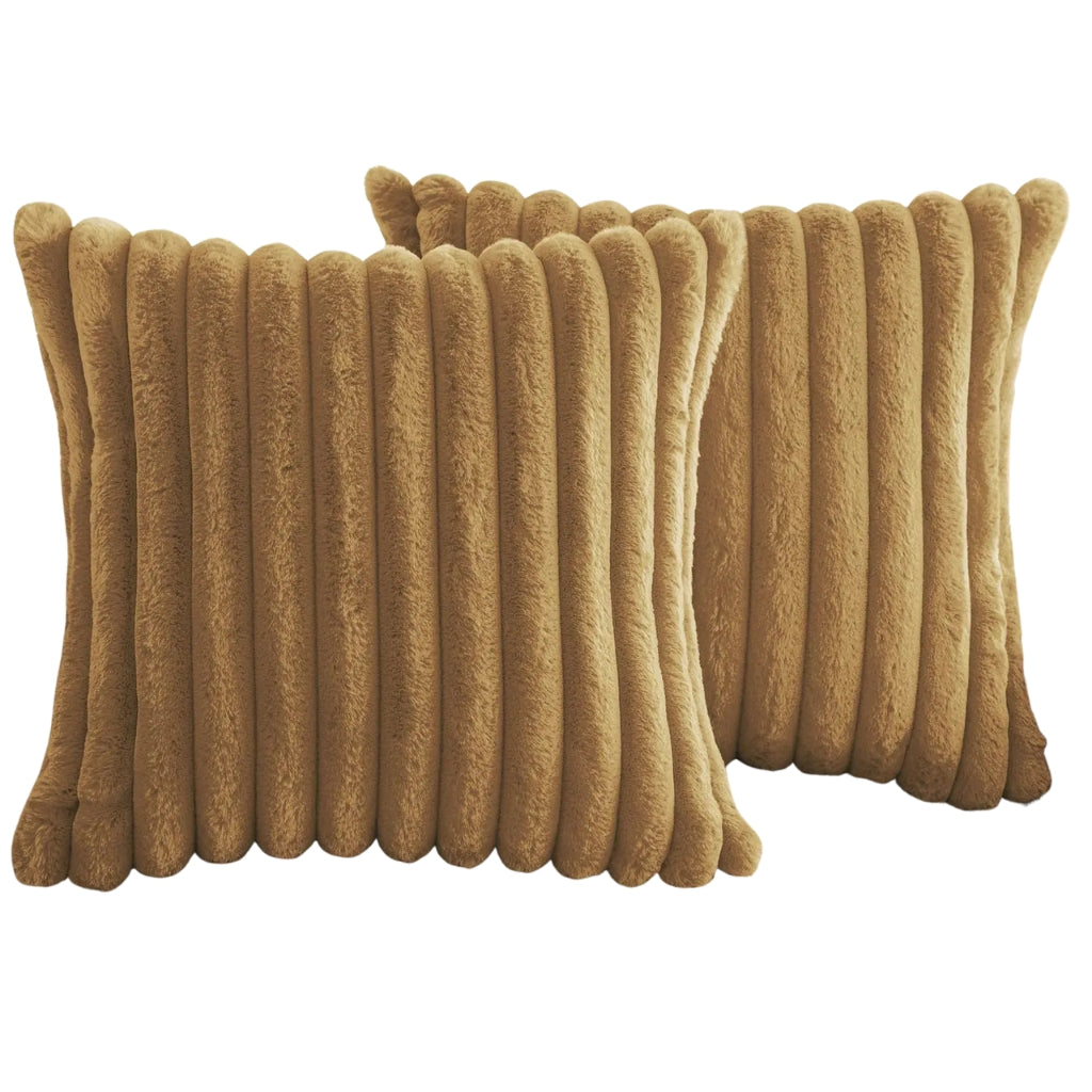 White faux fur throw pillow covers with striped texture on a sofa
Soft square cushion covers displayed on a light living room couch
Cream striped throw pillow covers used as sofa decor
Large plush pillow covers with faux rabbit fur texture on beige sofa
Solid white decorative pillow covers arranged in a cozy home setting