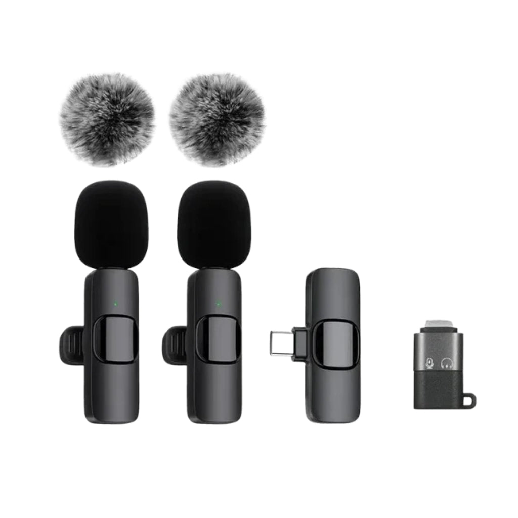 wireless microphone connected to a smartphone with USB C receiver
small lavalier microphone held beside a phone for recording
plug and play wireless microphone set with transmitter and receiver
portable microphones for phone video recording and live streaming
wireless lavalier mic shown with smartphone connection steps