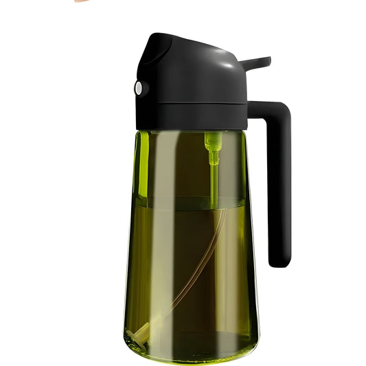Dark green glass oil dispenser bottle pouring oil into a cooking pot
Olive oil dispenser with black sprayer top shown over seafood dish
Oil dispensers with tilt to pour feature and backflow hole design
Glass oil spray bottle pouring cooking oil onto food in a pot
470ml dark green olive oil dispenser bottle with black handle top