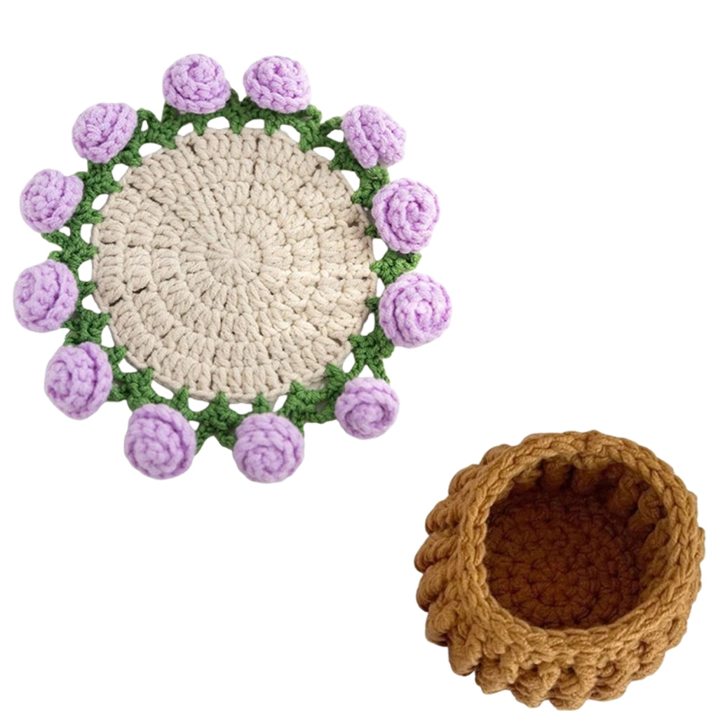 crochet flower coaster designed like a red rose bouquet in a woven basket
red rose crochet coasters arranged as a small flower bouquet
handmade style crochet flower coaster displayed on a table
crochet rose coasters with yellow basket shaped holder
red flower Coasters shown as cup pads and decorative bouquet