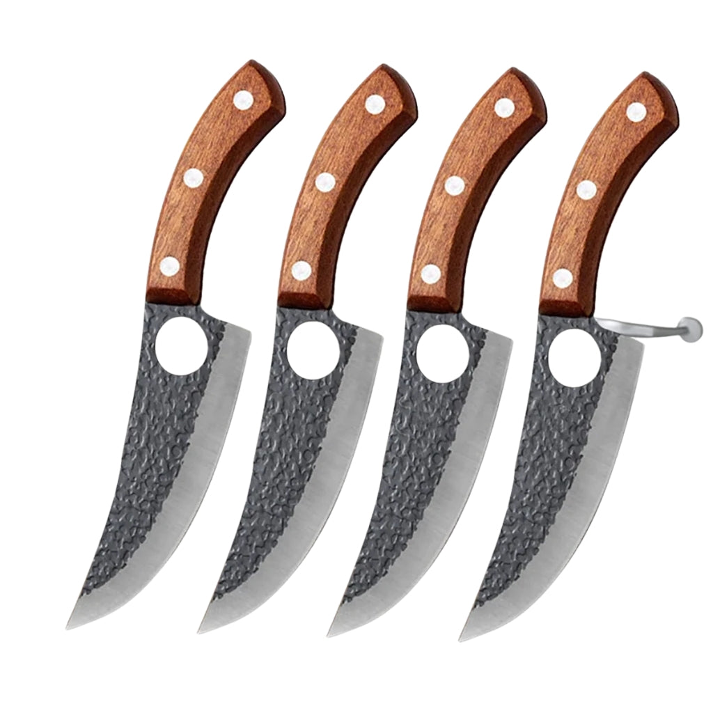 Hand forged kitchen knife with wooden handle on a white kitchen counter