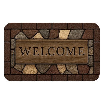 Entryway rug with stone pattern and wooden welcome sign graphic