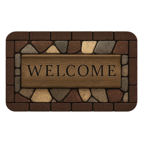 Entryway rug with stone pattern and wooden welcome sign graphic