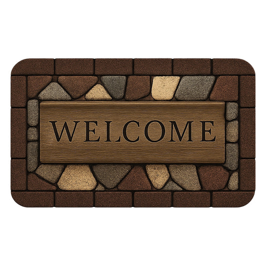 Entryway rug with stone pattern and wooden welcome sign graphic