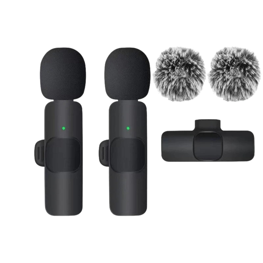 wireless microphone connected to a smartphone with USB C receiver
small lavalier microphone held beside a phone for recording
plug and play wireless microphone set with transmitter and receiver
portable microphones for phone video recording and live streaming
wireless lavalier mic shown with smartphone connection steps