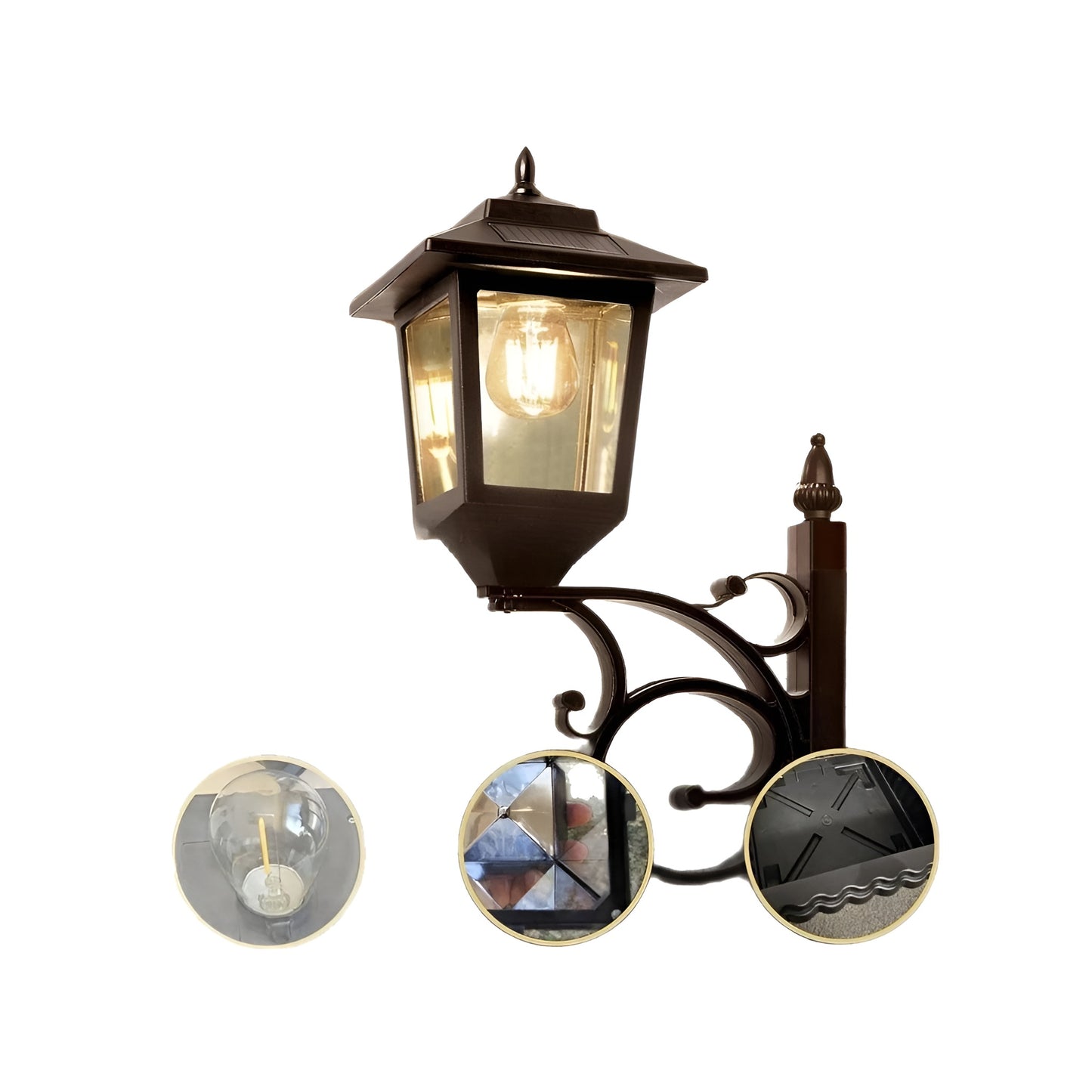 solar lights outdoor lantern mounted on decorative garden post
solar garden lights attached to flower planter for outdoor decor
