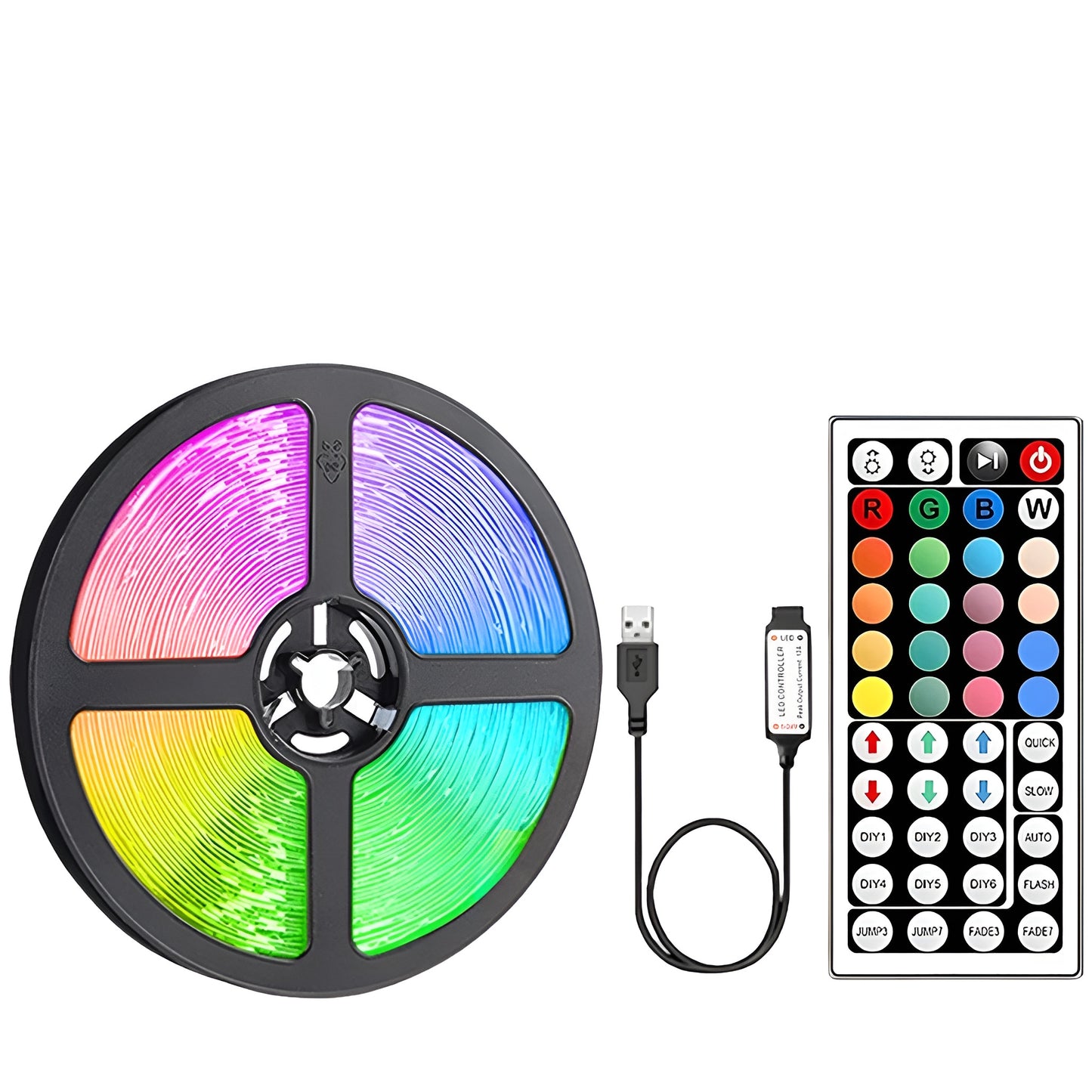 RGB led strip lights roll with remote control and USB cable
led strip lights for bedroom with colorful RGB lighting options
USB powered LED strip with 44 key remote controller