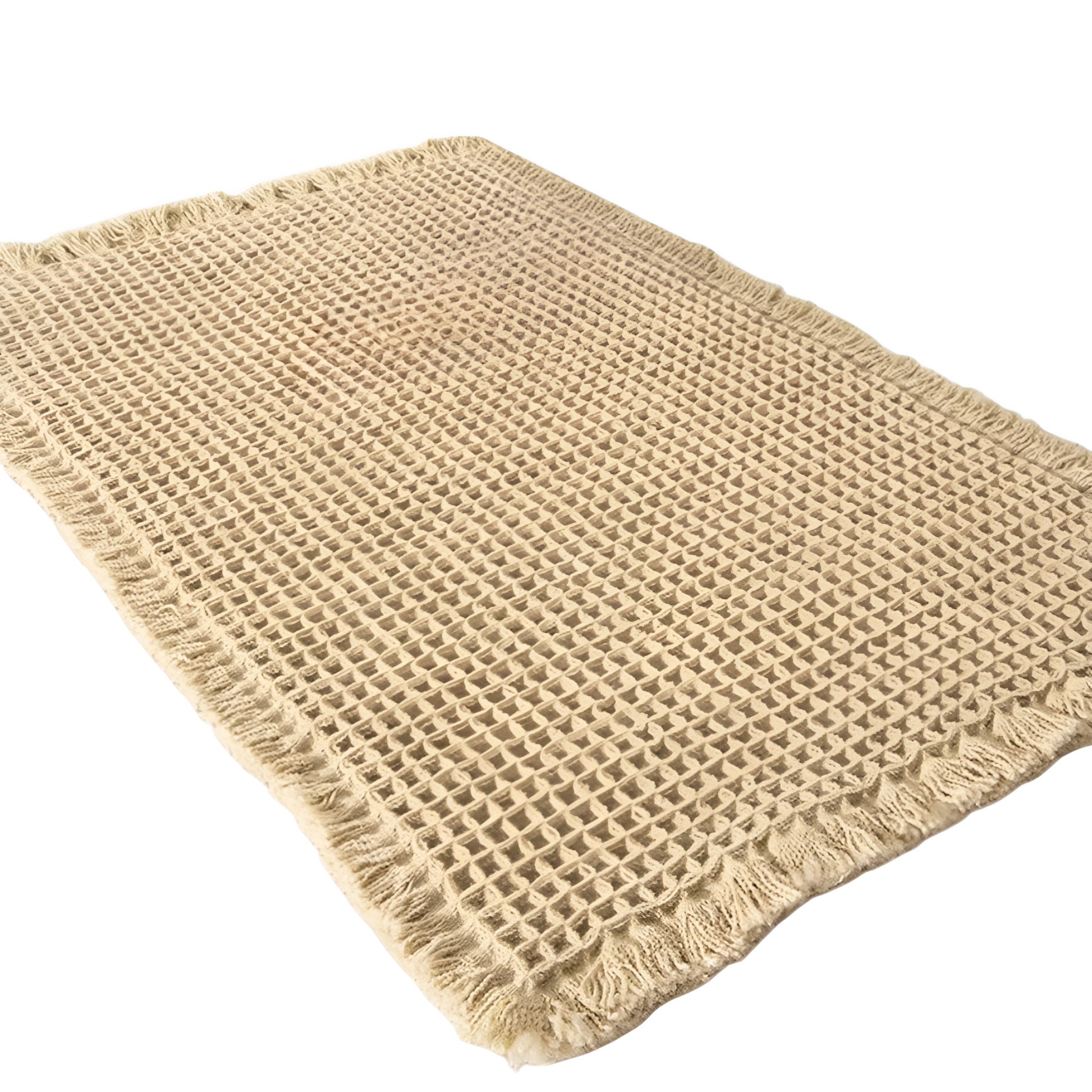 beige Bath Rugs & Mats with woven texture placed beside a shower
gray bathroom rug with raised waffle pattern and fringed edges
microfiber bath mat on bathroom floor with foot stepping on it
textured bathroom mats shown in beige and gray color options