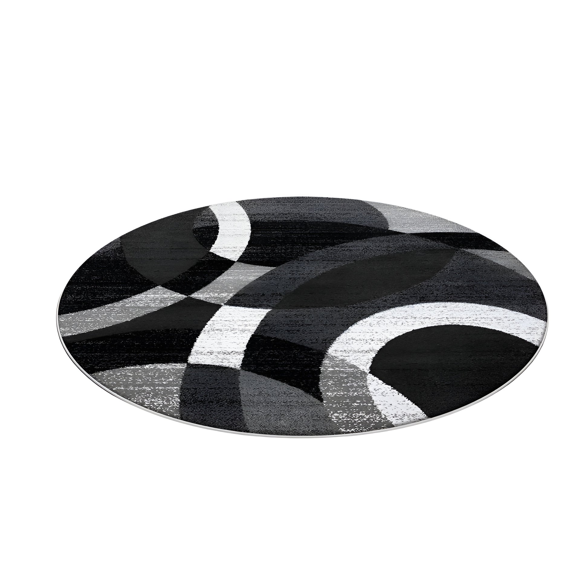 Round black and gray geometric area rug in a modern living room
Large washable rug with abstract pattern under living room seating area
Modern round area rugs shown on a light floor in a home interior
Black white and gray geometric rugs displayed in a spacious room
Soft round living room rug with modern curved pattern design