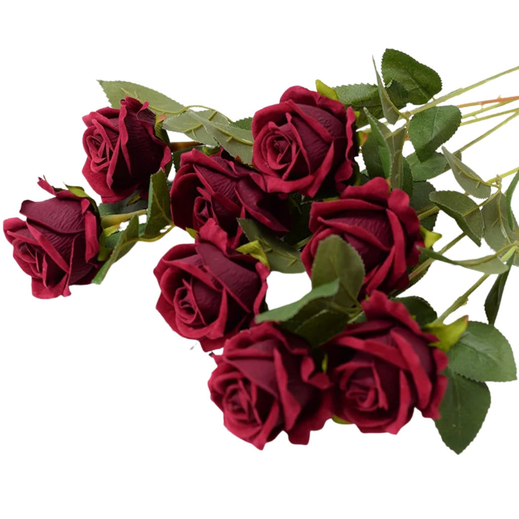 red artificial flowers rose bouquet with realistic velvet petals