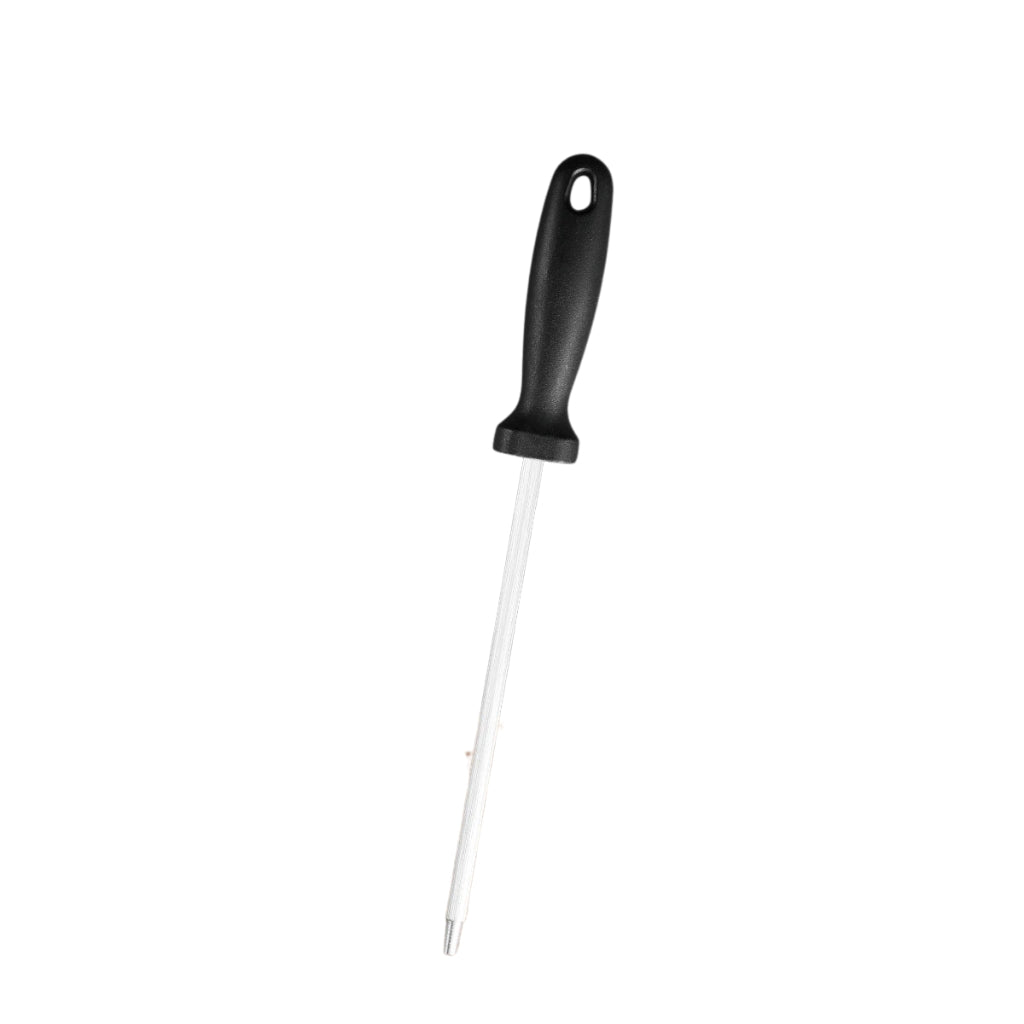 Hand forged kitchen knife with wooden handle on a white kitchen counter