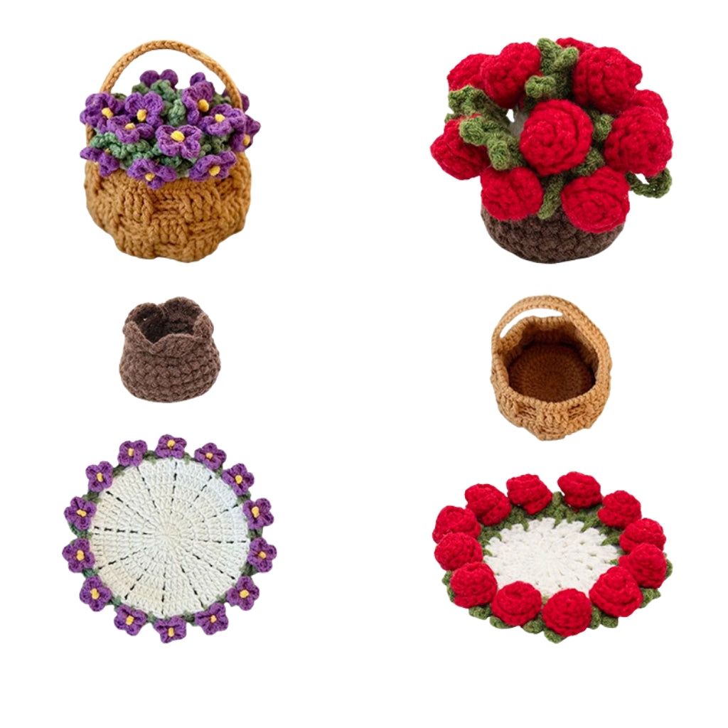 crochet flower coaster designed like a red rose bouquet in a woven basket
red rose crochet coasters arranged as a small flower bouquet
handmade style crochet flower coaster displayed on a table
crochet rose coasters with yellow basket shaped holder
red flower Coasters shown as cup pads and decorative bouquet