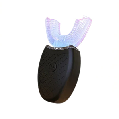 u shaped electric toothbrush with blue silicone mouthpiece
white automatic electric toothbrush shown on bathroom counter
electric toothbrush with U shaped brush head and vibration lines
rechargeable oral care toothbrush with soft silicone head
compact electric toothbrush with power button and blue brush head