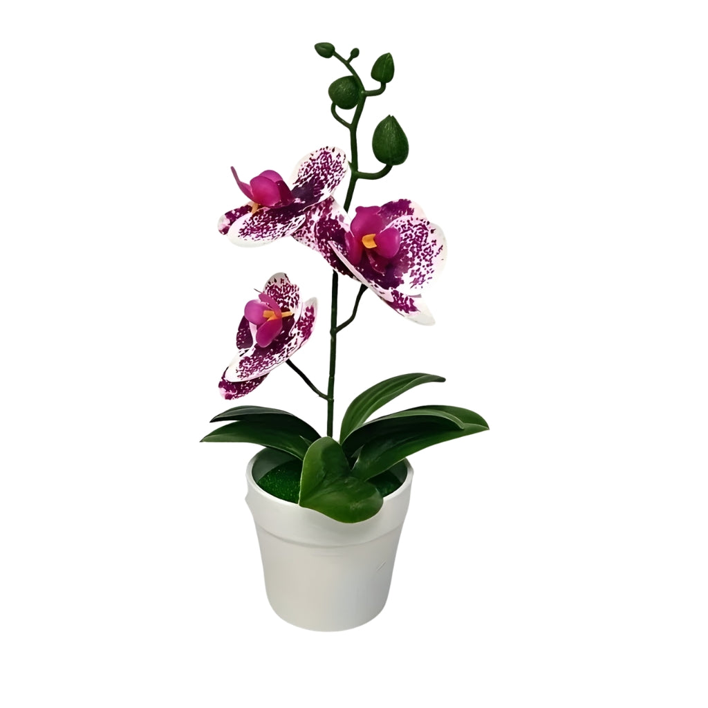 artificial plant orchid with pink and white flowers in a white pot
faux orchid tabletop decor with green leaves and striped petals
artificial orchid flowers arrangement in white planter for indoor decor
potted artificial plant with orchid blooms for home or office display
