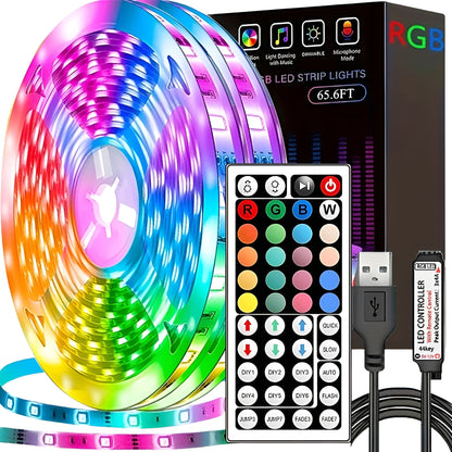 led strip lights for bedroom with colorful RGB lighting options
USB powered LED strip with 44 key remote controller
multicolor led strip shown with remote and RGB packaging