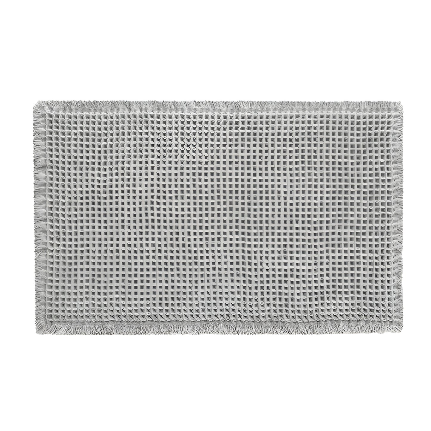 beige Bath Rugs & Mats with woven texture placed beside a shower
gray bathroom rug with raised waffle pattern and fringed edges
microfiber bath mat on bathroom floor with foot stepping on it
textured bathroom mats shown in beige and gray color options