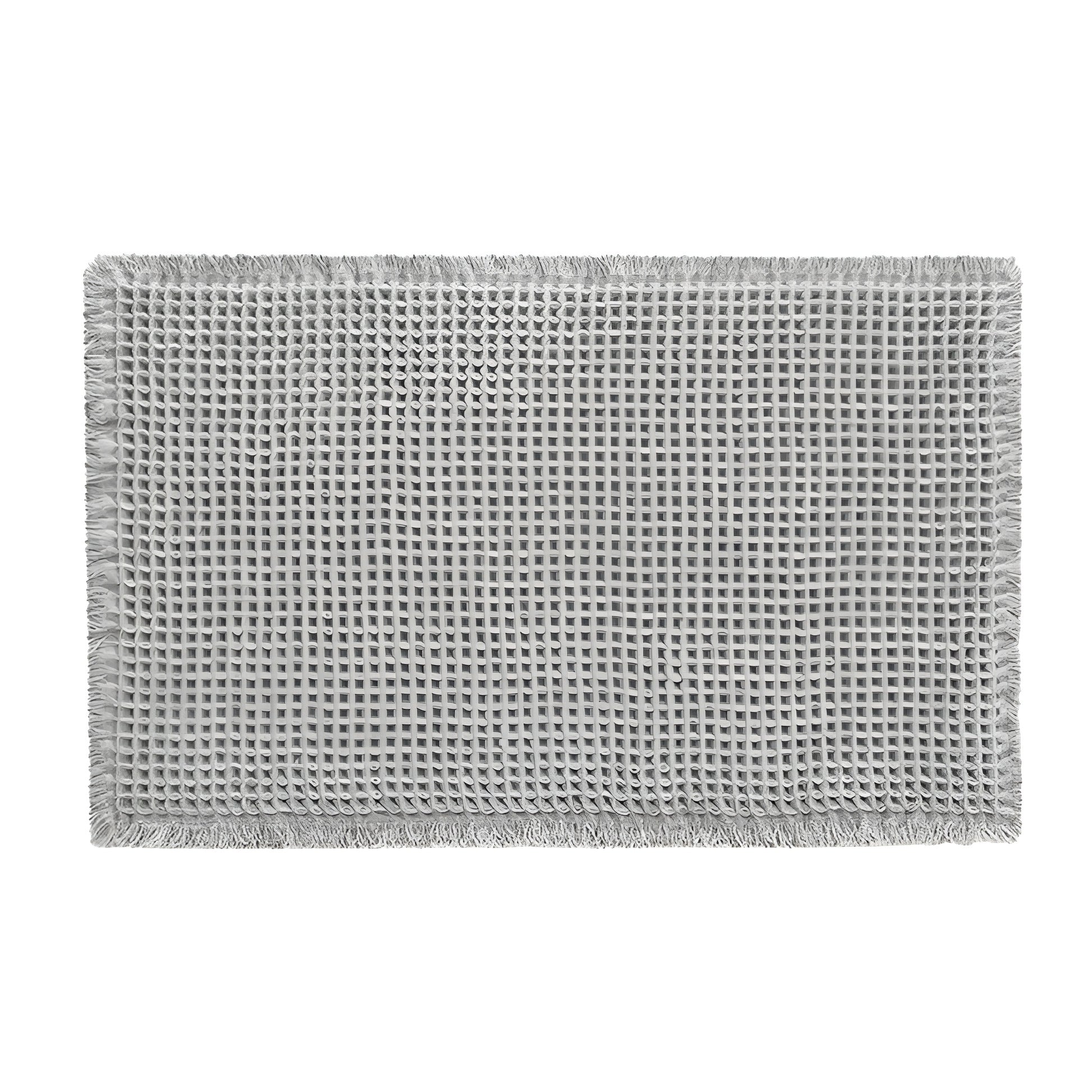 beige Bath Rugs & Mats with woven texture placed beside a shower
gray bathroom rug with raised waffle pattern and fringed edges
microfiber bath mat on bathroom floor with foot stepping on it
textured bathroom mats shown in beige and gray color options