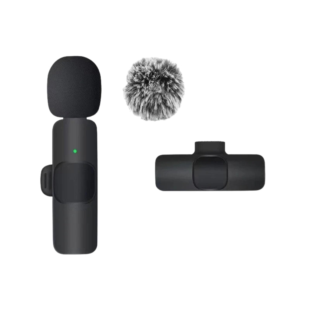 wireless microphone connected to a smartphone with USB C receiver
small lavalier microphone held beside a phone for recording
plug and play wireless microphone set with transmitter and receiver
portable microphones for phone video recording and live streaming
wireless lavalier mic shown with smartphone connection steps