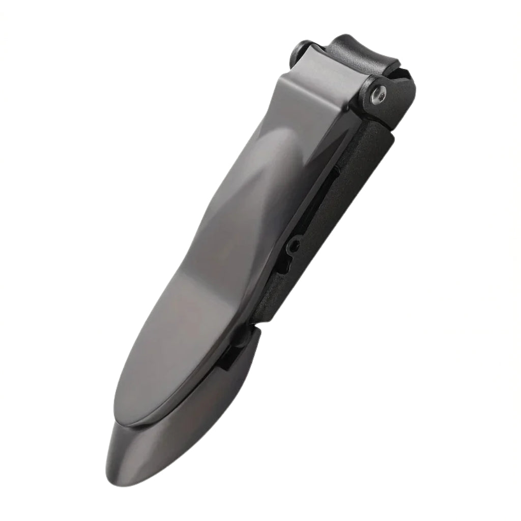 black stainless steel nail clippers with built in catcher
heavy duty nail clippers shown on a dark green background
men’s nail clippers with ergonomic lever and glossy finish
stainless steel fingernail clippers for personal grooming
close up of black nail clippers with self collecting design
