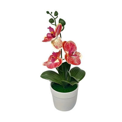 artificial plant orchid with pink and white flowers in a white pot
faux orchid tabletop decor with green leaves and striped petals
artificial orchid flowers arrangement in white planter for indoor decor
potted artificial plant with orchid blooms for home or office display