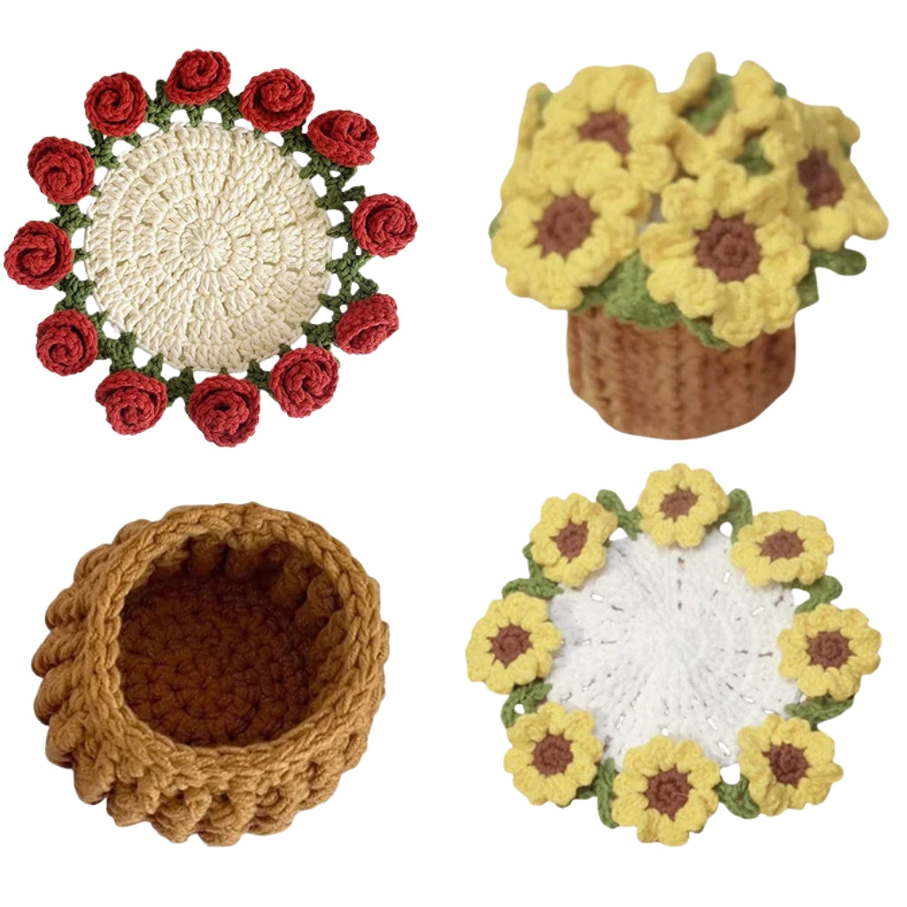 crochet flower coaster designed like a red rose bouquet in a woven basket
red rose crochet coasters arranged as a small flower bouquet
handmade style crochet flower coaster displayed on a table
crochet rose coasters with yellow basket shaped holder
red flower Coasters shown as cup pads and decorative bouquet