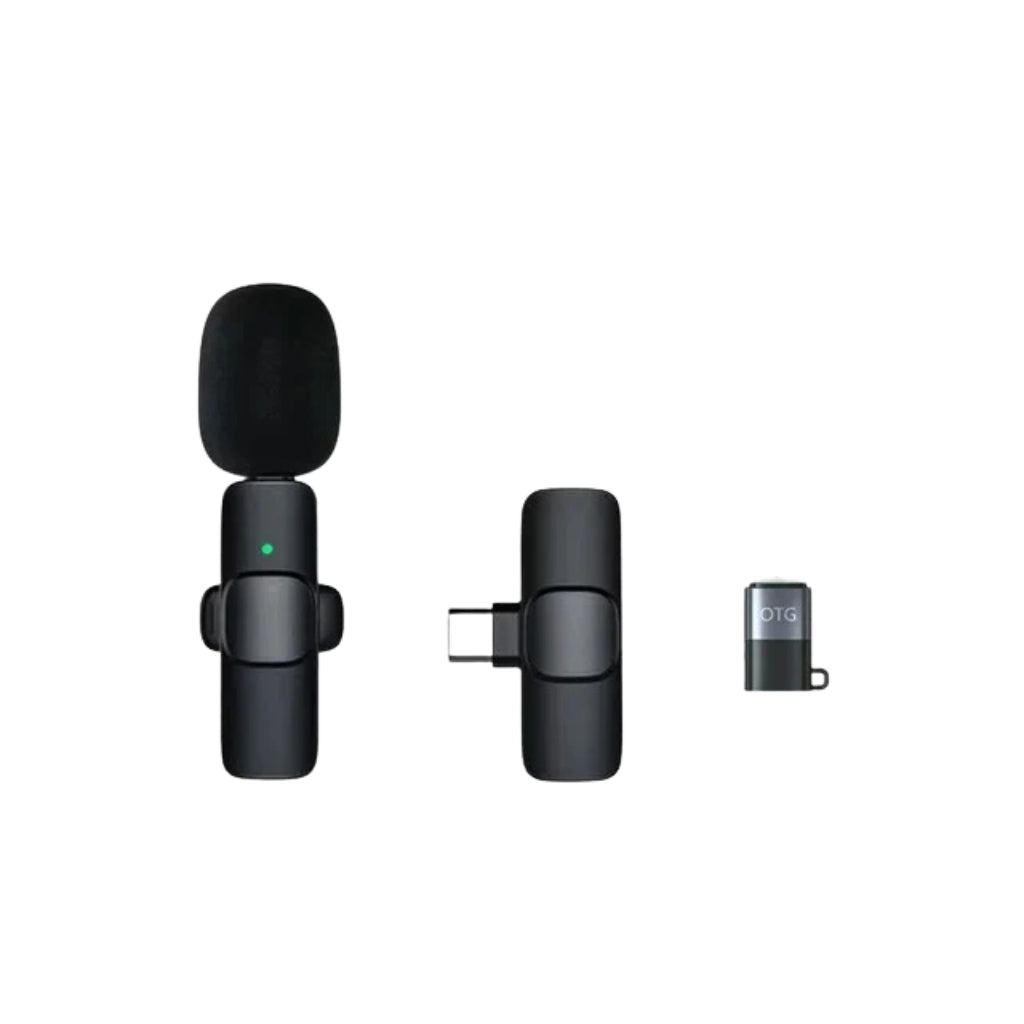 wireless microphone connected to a smartphone with USB C receiver
small lavalier microphone held beside a phone for recording
plug and play wireless microphone set with transmitter and receiver
portable microphones for phone video recording and live streaming
wireless lavalier mic shown with smartphone connection steps