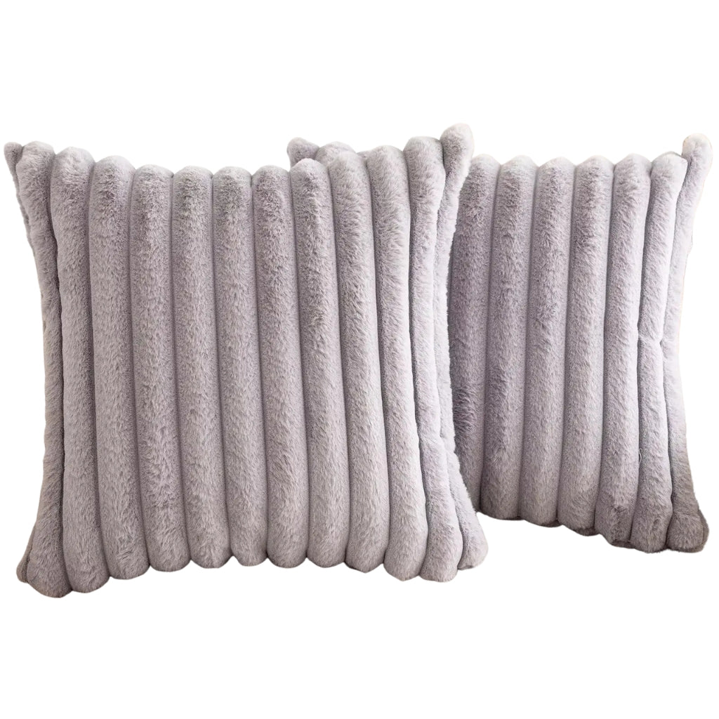 White faux fur throw pillow covers with striped texture on a sofa
Soft square cushion covers displayed on a light living room couch
Cream striped throw pillow covers used as sofa decor
Large plush pillow covers with faux rabbit fur texture on beige sofa
Solid white decorative pillow covers arranged in a cozy home setting