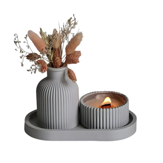 silicone home decor mold set with vase mold jar mold and oval tray mold
white silicone resin jar molds and vase mold with matching oval tray mold
home decor crafting molds shown with finished ribbed vase tray and candle holder
silicone vase mold and oval tray mold for resin plaster cement or concrete casting