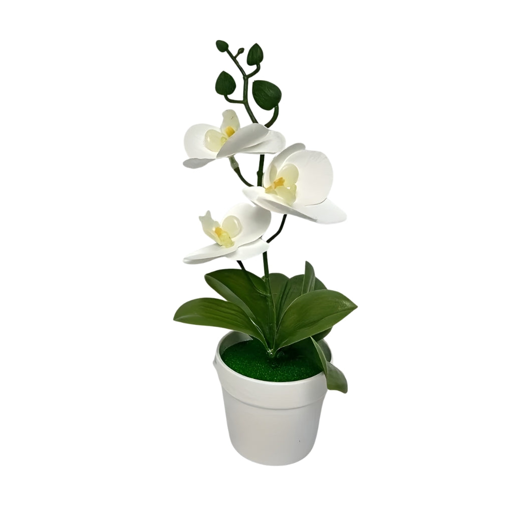 artificial plant orchid with pink and white flowers in a white pot
faux orchid tabletop decor with green leaves and striped petals
artificial orchid flowers arrangement in white planter for indoor decor
potted artificial plant with orchid blooms for home or office display