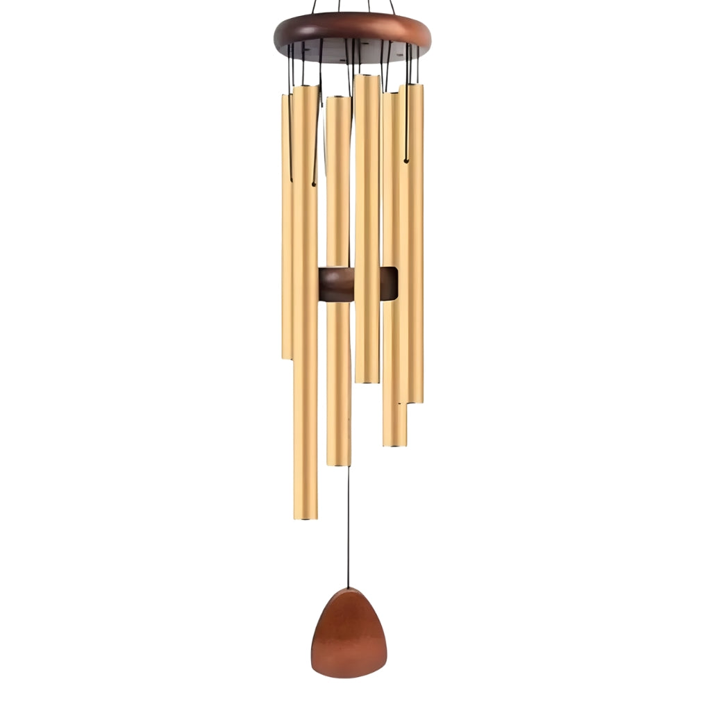 Gold wind chime with wooden accents on a white background