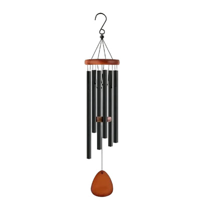 Black wind chime with wooden accents on a white background