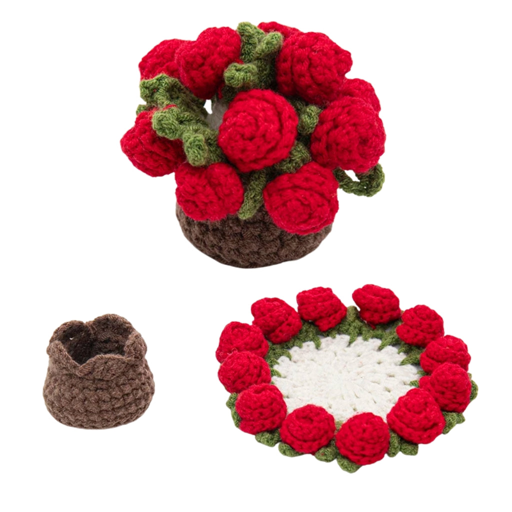 crochet flower coaster designed like a red rose bouquet in a woven basket
red rose crochet coasters arranged as a small flower bouquet
handmade style crochet flower coaster displayed on a table
crochet rose coasters with yellow basket shaped holder
red flower Coasters shown as cup pads and decorative bouquet