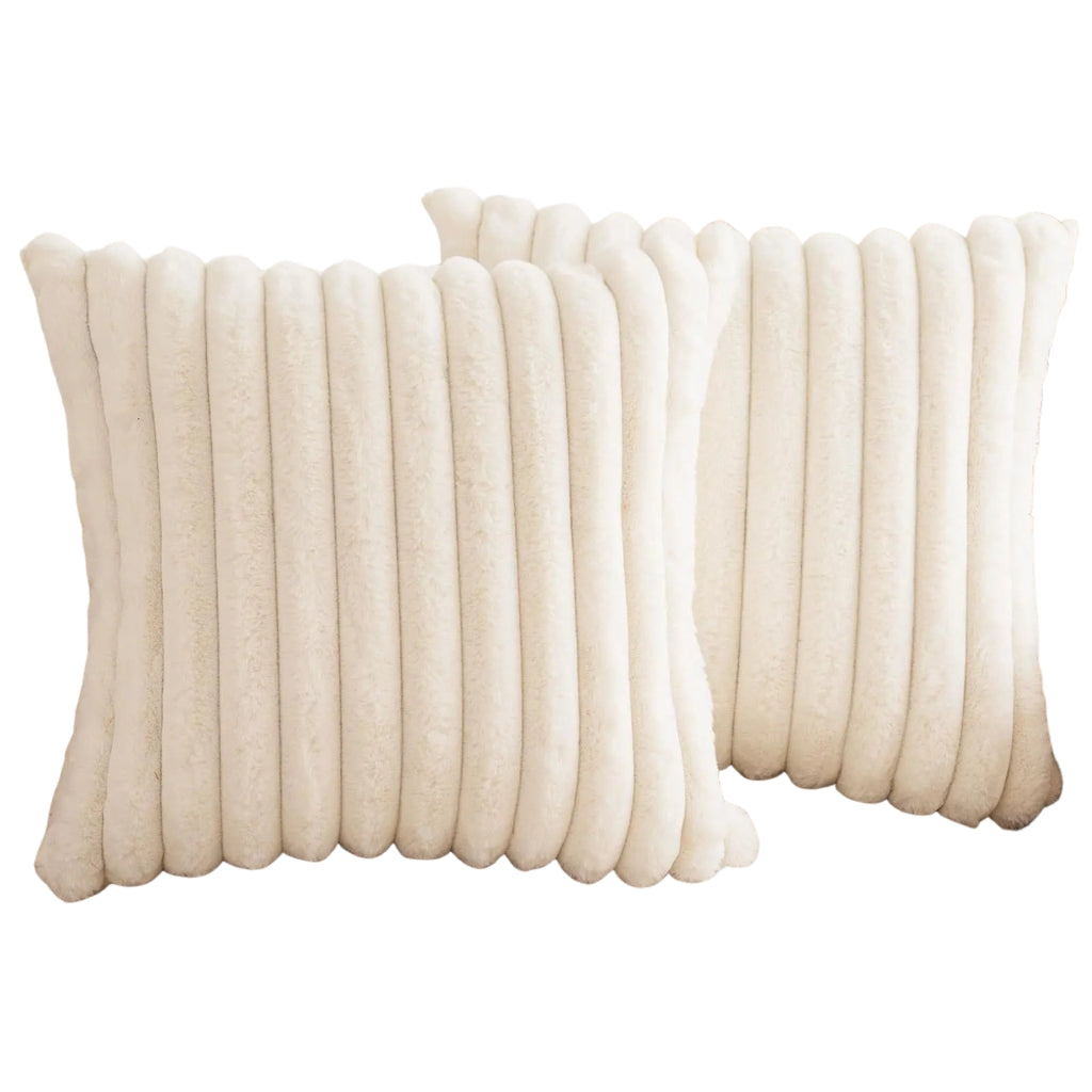 White faux fur throw pillow covers with striped texture on a sofa
Soft square cushion covers displayed on a light living room couch
Cream striped throw pillow covers used as sofa decor
Large plush pillow covers with faux rabbit fur texture on beige sofa
Solid white decorative pillow covers arranged in a cozy home setting