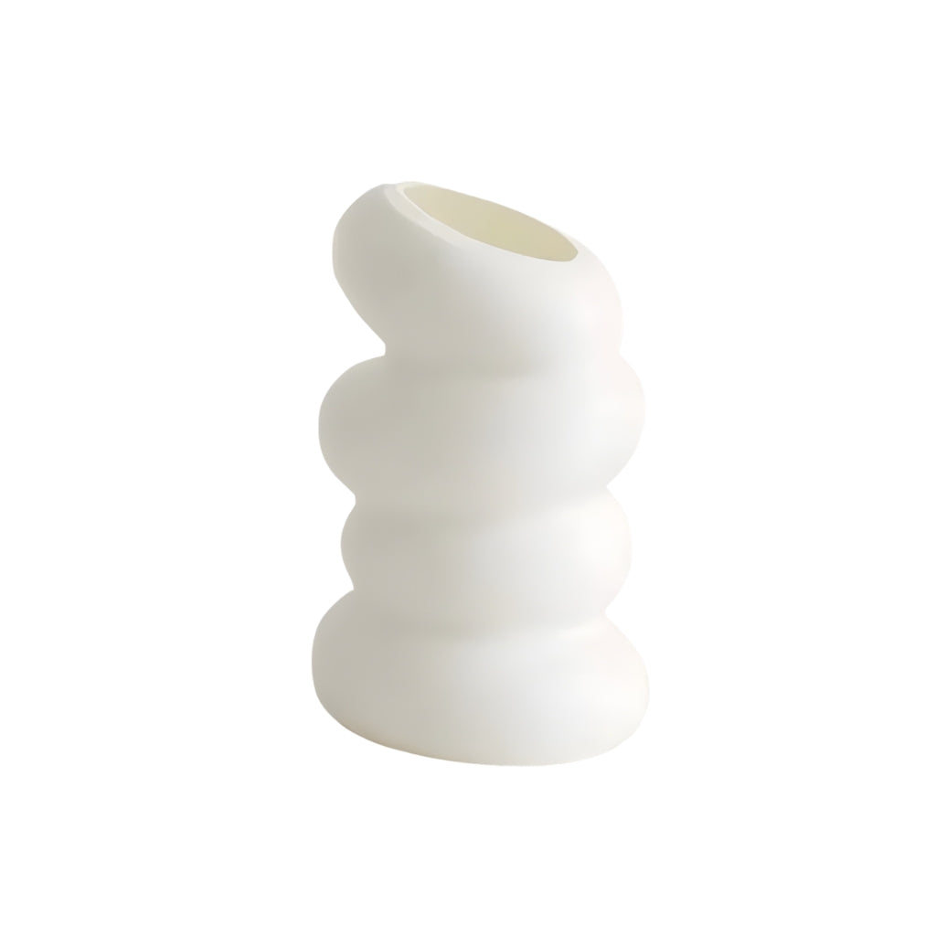 white flower vase with spiral stacked shape and angled opening
modern white bud vase for shelf or tabletop decor
spiral flower vase in white resin style for home decoration
small white vase with curved layered design on a plain background