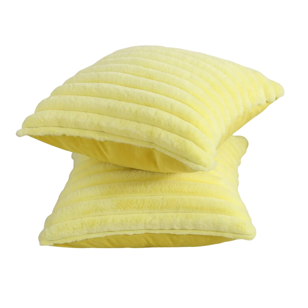 White faux fur throw pillow covers with striped texture on a sofa
Soft square cushion covers displayed on a light living room couch
Cream striped throw pillow covers used as sofa decor
Large plush pillow covers with faux rabbit fur texture on beige sofa
Solid white decorative pillow covers arranged in a cozy home setting