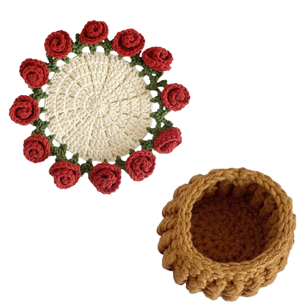 crochet flower coaster designed like a red rose bouquet in a woven basket
red rose crochet coasters arranged as a small flower bouquet
handmade style crochet flower coaster displayed on a table
crochet rose coasters with yellow basket shaped holder
red flower Coasters shown as cup pads and decorative bouquet