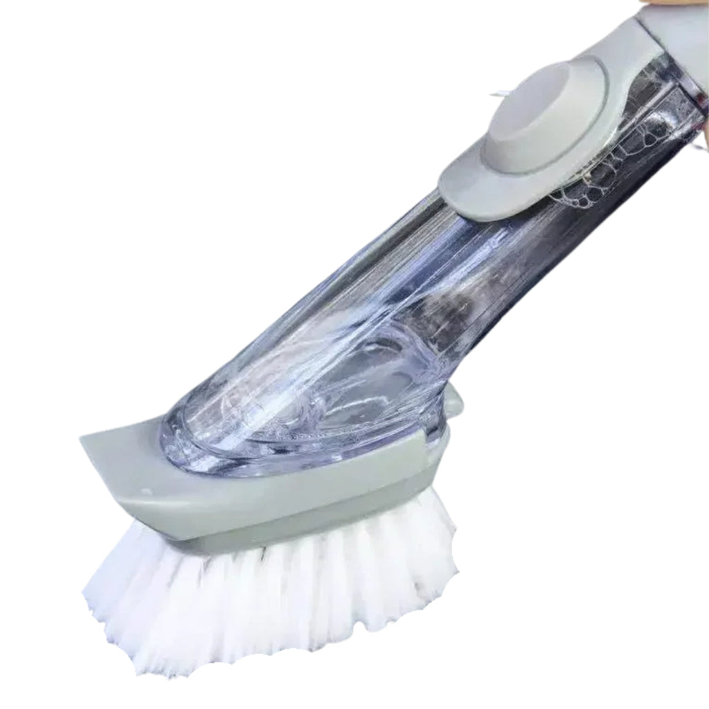 dish brush with soap dispenser for pots pans and kitchen sinks
kitchen cleaning brush with scraper and removable scrub head