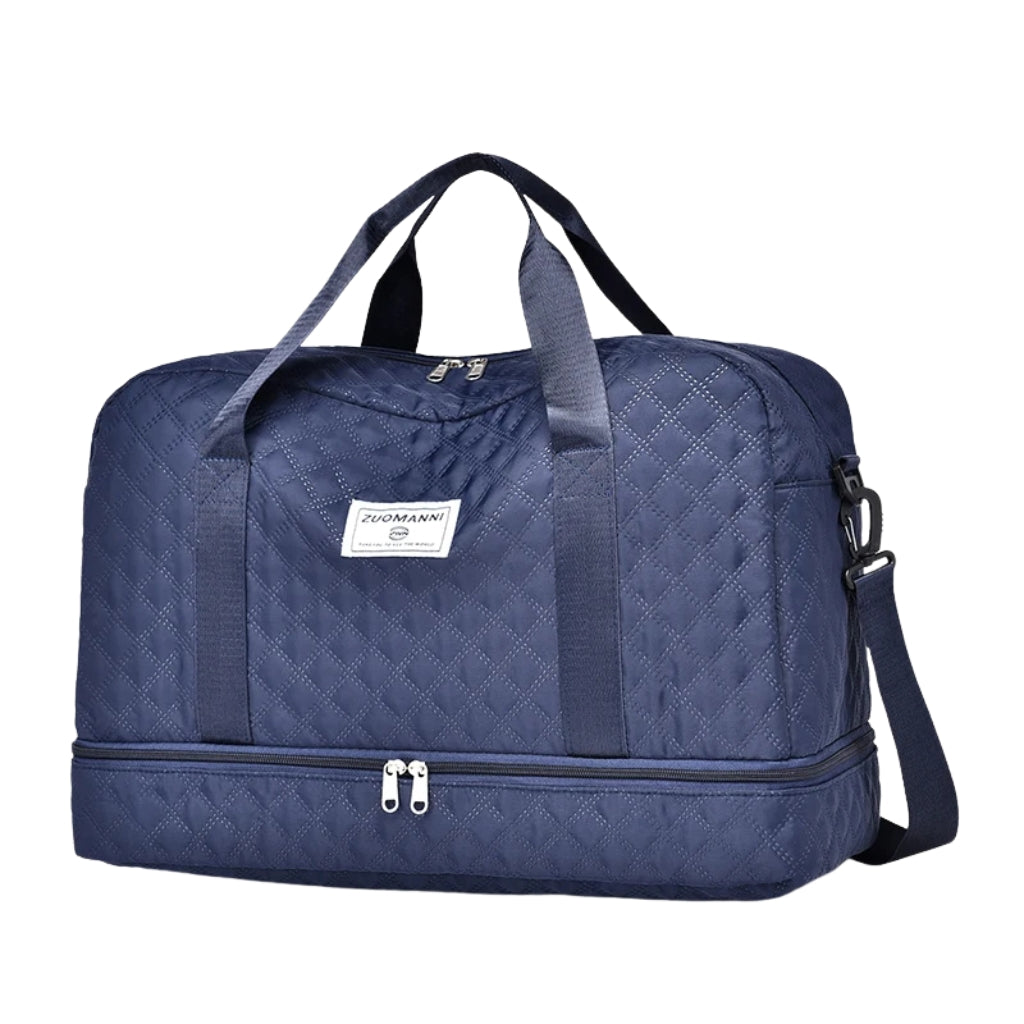 woman carrying pink travel duffel bag beside a suitcase
quilted travel duffel bags in pink and cream colors
lightweight nylon duffel bag placed on blue luggage
large soft travel bag with zipper closure and shoulder strap
weekender duffel bag shown in a travel setting